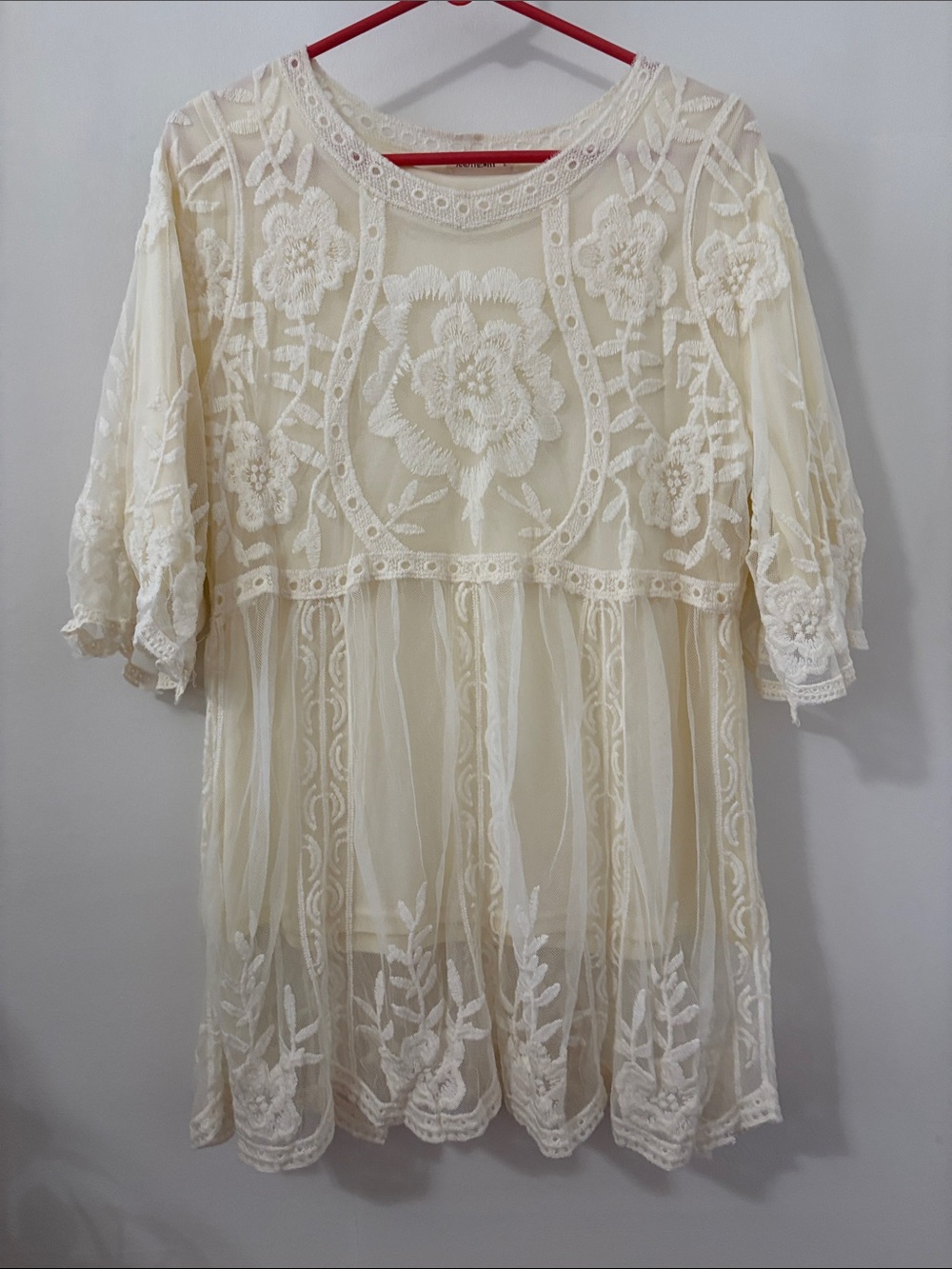 Sheer Cream Floral Embroidered Tunic Top